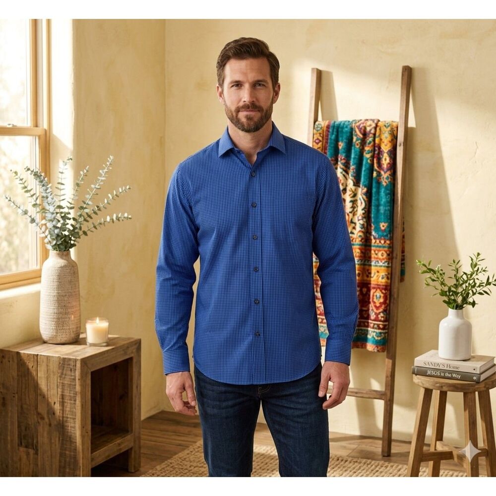Club Room Mens 16.5 Blue Check Plaid Shirt Pinpoint Cotton Button Up